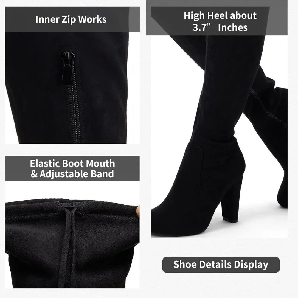 Women's Black Suede Inner Zipper Thigh High Over The Knee High Heel Boots